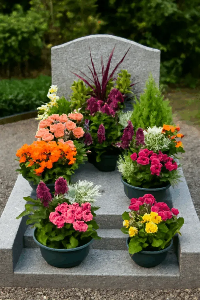 Monument funéraire en granit gris fleuri de nombreuses coupes colorées.