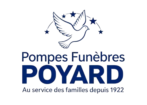 Logo des Pompes Funèbres Poyard avec une colombe et des étoiles.